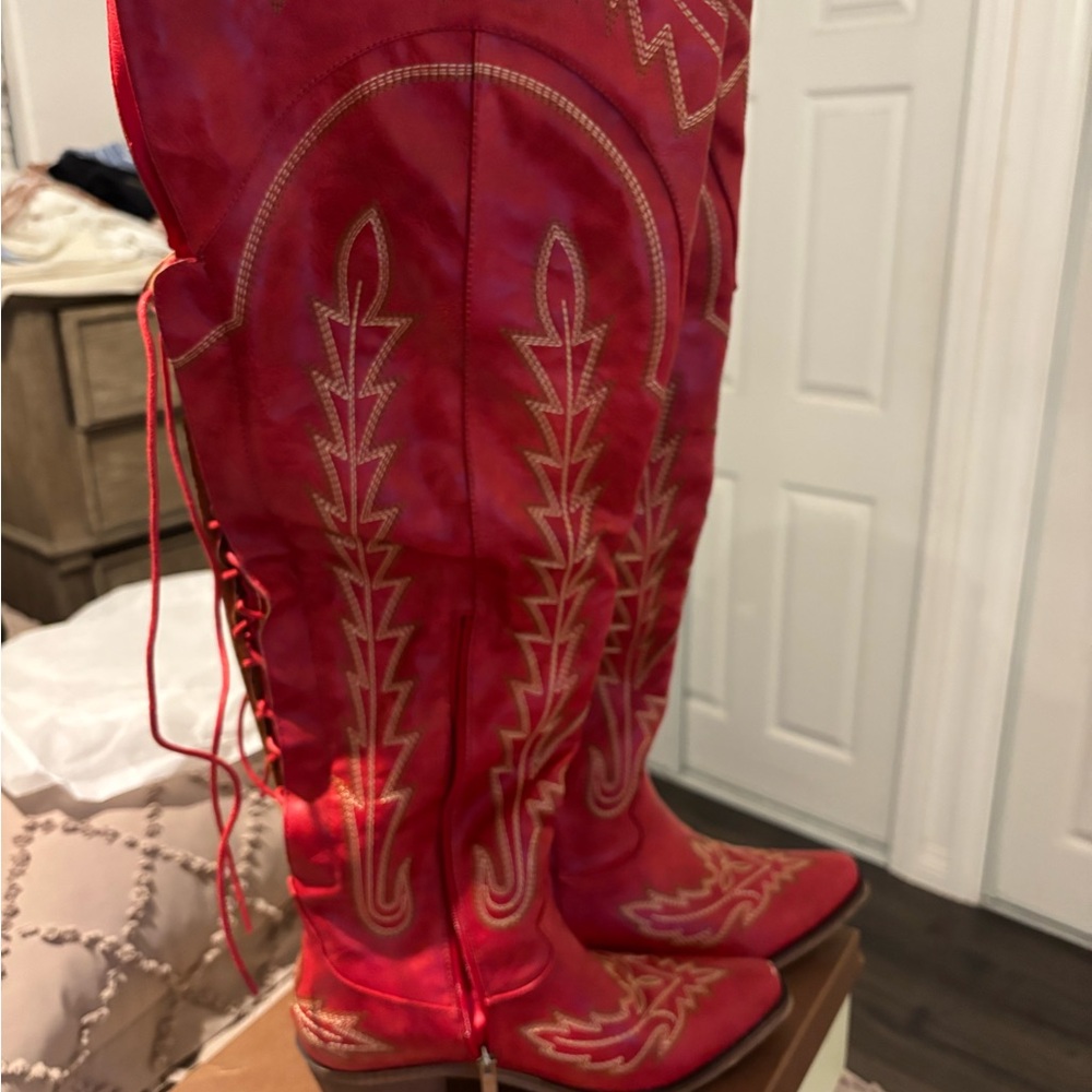 Intricate Red Over the Knee Boots with Western Embroidery